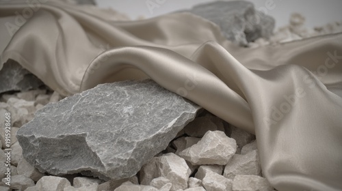 A smooth, silky fabric draped elegantly over rough, gray stones, creating a contrast between soft texture and hard surfaces.