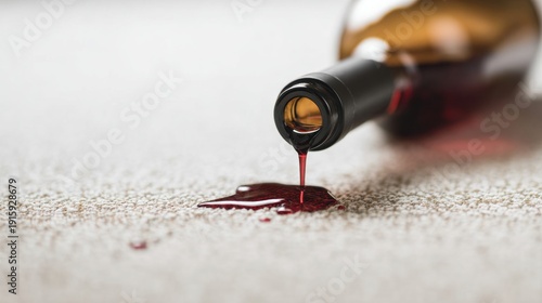 A bottle of red wine spills on a carpet, creating a dark stain on the light fabric surface.