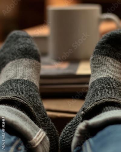 Cozy close-up of feet in wool socks resting with a blurred coffee mug in the background, evoking relaxation and comfort.
