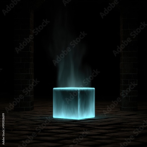A glowing blue cube emits wisps of light smoke in a dark, brick-walled room, creating a mysterious and futuristic atmosphere.
