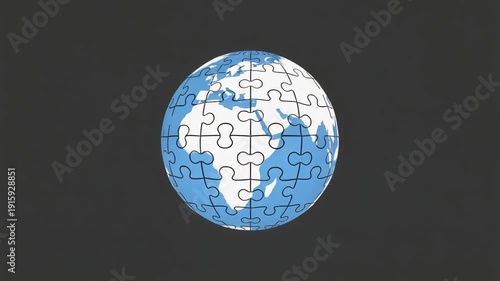 A jigsaw puzzle representation of the globe on a dark background from a directly overhead viewpoint illustrating unity and global connection