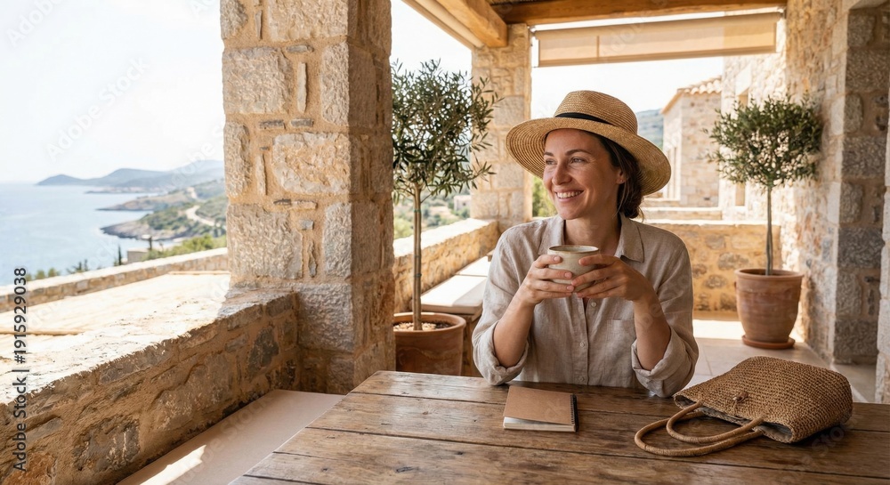 Fototapeta premium Solo woman traveler relaxing with coffee on Mediterranean terrace