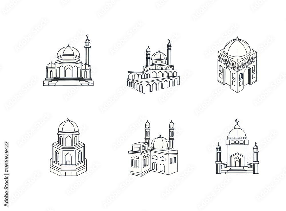 Fototapeta premium Hand-drawn Islamic mosque architecture icons set with domes and minarets, perfect for cultural and religious design projects