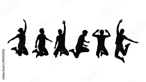 Silhouettes of people jumping and celebrating in mid-air isolated on white background, Vector