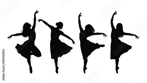 Five dancers in mid-air with arms and legs extended, silhouetted against a white background. isolated on white background, Vector