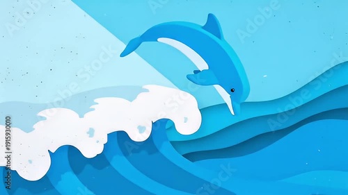 Animated Dolphin Leaping from Big Blue Ocean Waves Illustration