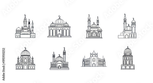 Set of eight black and white mosque line art icons with domes and minarets, Islamic architecture vector collection for religious and cultural design