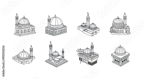Set of eight detailed black and white line art mosque icons featuring domes and minarets for Islamic architecture and religion design projects