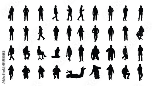 A diverse collection of black silhouettes depicting various human activities and poses. isolated on white background, Vector