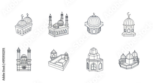 Set of hand-drawn Islamic mosque illustrations with domes and minarets, perfect for religious or cultural design projects and educational materials