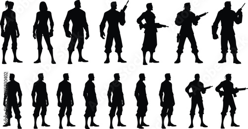 Silhouette soldier characters, tactical army men, special force operatives, military poses, weapon-holding vector illustrations, combat figures, action stance concept art.