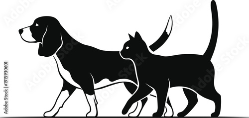 Stylized dog and cat silhouettes walking side by side, minimalist pet vector illustration, companionship inspired artwork, harmony design concept