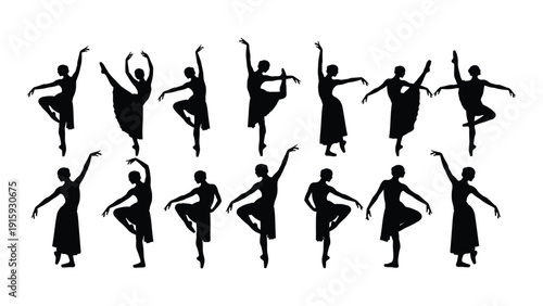 Group of dancers performing on stage with dynamic and elegant movements isolated on white background, Vector