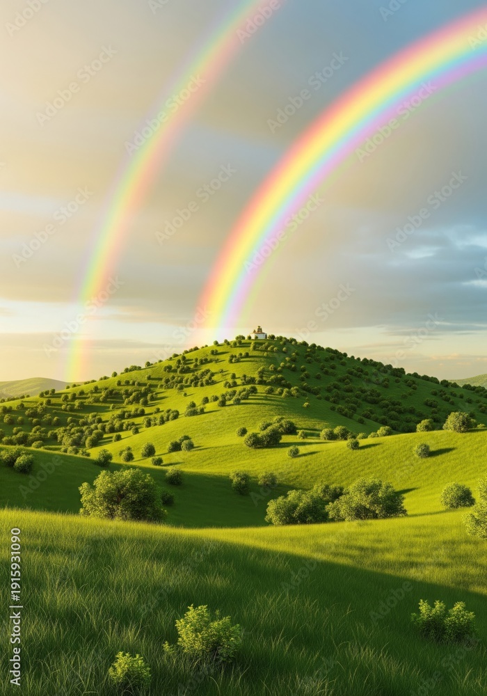 Fototapeta premium Green Hillside Landscape with Double Rainbow Against Cloudy Sky