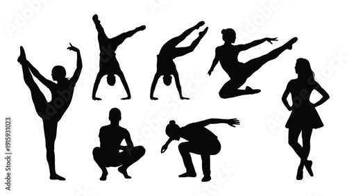 Diverse group of people performing various dance poses in silhouette isolated on white background, Vector