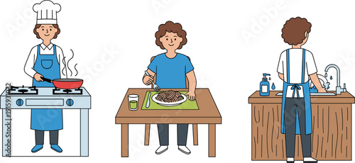 Home cooking process illustration showing chef preparing food eating meal and washing dishes routine