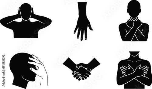 Human Body Language Silhouettes Set with Gestures Emotions Handshake Stress and Self Comfort Illustration