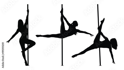 Three silhouettes of acrobatic dancers performing on vertical poles isolated on white background, Vector