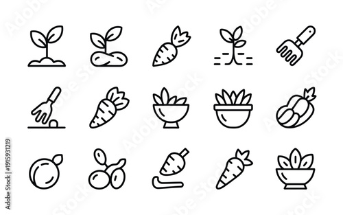 Vegetable icons set for gardening and healthy eating illustration