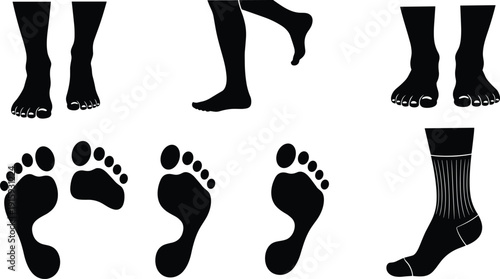 Human Foot and Footprint Silhouette Set Vector Illustration Walking Anatomy Step Collection Design