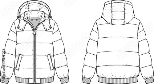 Hooded puffer jacket technical fashion sketch showing front and back views winter outerwear design