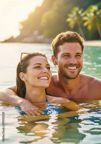 Couple Embracing in Shallow Water on Tropical Beach at Sunset