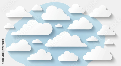 Fluffy Clouds Paper Cutout Style on Blue Background