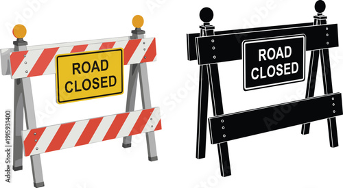 Road closed barricade signs set with striped construction barriers and warning boards isolated vector illustration for traffic safety
