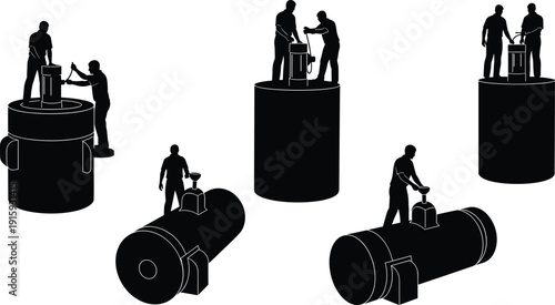 Industrial Water Tank Maintenance Silhouettes with Workers Installing Pump and Inspecting Storage System