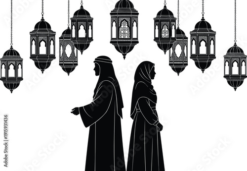 Islamic couple silhouette under hanging Ramadan lanterns, Muslim prayer and spiritual relationship concept illustration