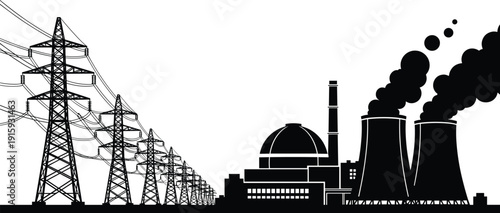 Industrial Power Plant and High Voltage Transmission Towers Illustrating Energy Production and Environmental Pollution Concept