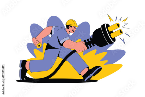 Electrician running with a large electrical plug and cable