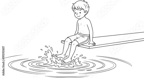 Little Boy Sitting on Dock Splashing Water Black and White Outline Illustration