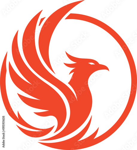Stylized phoenix logo illustration in vibrant red orange yellow hues, circular flame design element, mythical bird vector graphic artwork