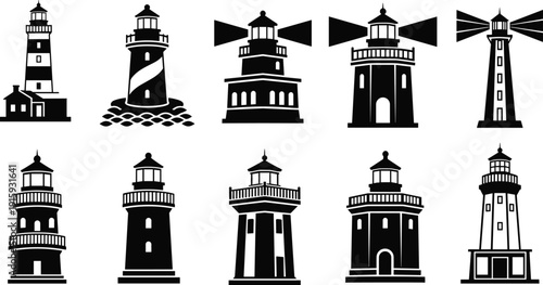 Lighthouse Silhouette Icon Set Showing Coastal Navigation Towers and Beacon Lights in Different Classic and Modern Styles for Maritime Illustration