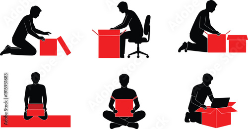 Man assembling cardboard boxes silhouettes set showing packing unpacking storage and delivery work process