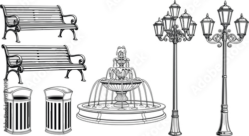 Vintage city park furniture set including benches fountain street lamps and trash bins detailed vector illustration collection