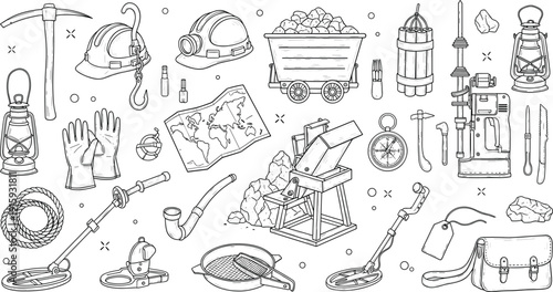 Mining equipment and tools set with helmet pickaxe cart explosives vector illustration collection design
