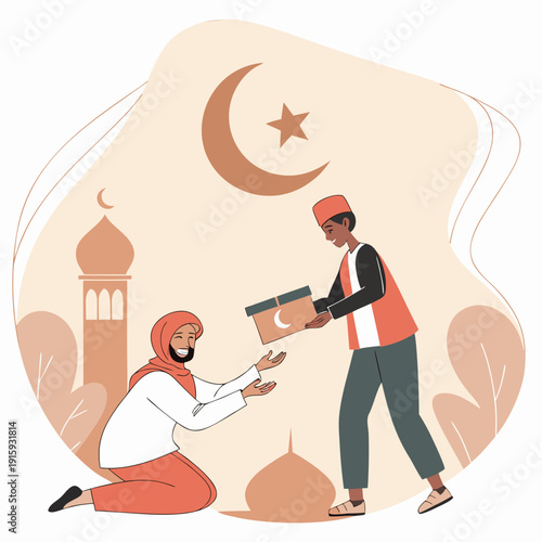 Muslim man giving a gift to a woman with a mosque background, symbolizing generosity during Ramadan or Eid.