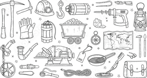 Mining Equipment and Tools Icon Set Vector Illustration Industrial Worker Gear Collection Design Pack