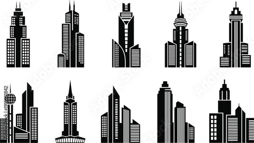 Modern City Skyscraper Silhouette Icons Set with Urban Skyline Buildings and Downtown Architecture Collection