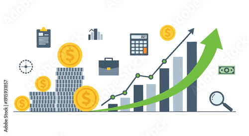 Financial Growth Concept: Upward Chart, Stacked Coins & Business Icons