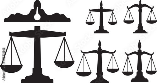 Set of black scales of justice icons on white