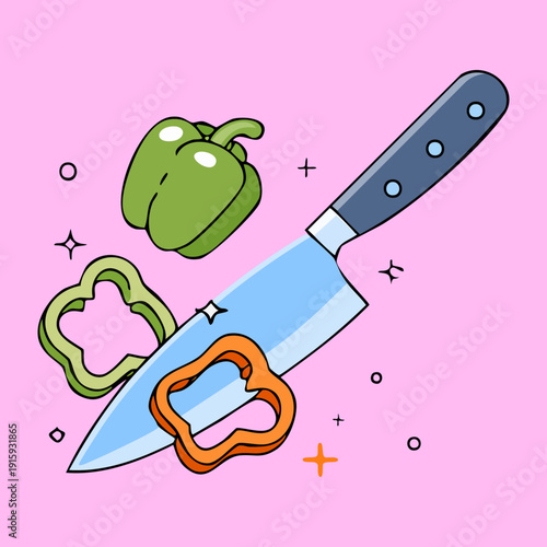 Slicing green bell peppers with professional kitchen tool for gourmet cooking and healthy eating habits - Vector Illustration