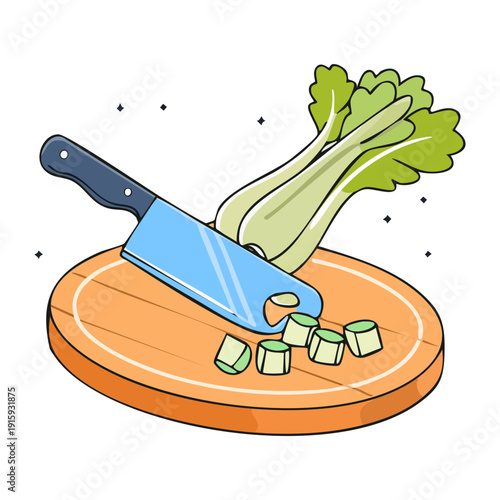 Kitchen knife chopping fresh green celery stalks on wooden board for healthy soup and salad - Vector Illustration