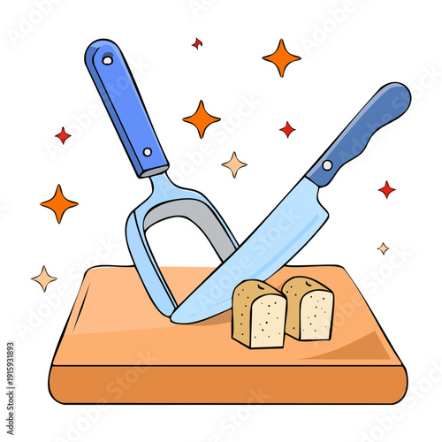 Two knives cutting through block of white cheese for preparing appetizer platter and gourmet snacks - Vector Illustration