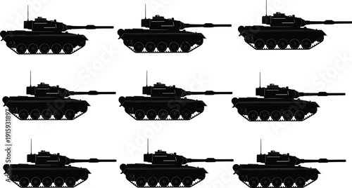 Modern Military Tank Silhouette Set Showing Armored Battle Vehicles in Side View Formation for Defense and Warfare Vector Illustration