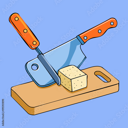Kitchen knife dicing fresh white tofu on wooden cutting board for asian cuisine and healthy diet - Vector Illustration