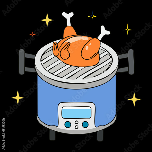 Blue electric slow cooker with roasted chicken inside for effortless and delicious home cooking - Vector Illustration