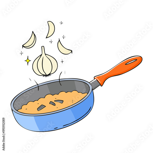 Frying pan with garlic and oil for aromatic cooking and preparing savory gourmet meal recipes - Vector Illustration